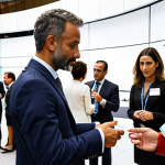 **

A diverse group of professionals networking at an international trade conference in Madrid. The scene should convey a sense of opportunity and connection, with name tags visible and business cards being exchanged. Focus on modern business attire and a sophisticated venue.

**