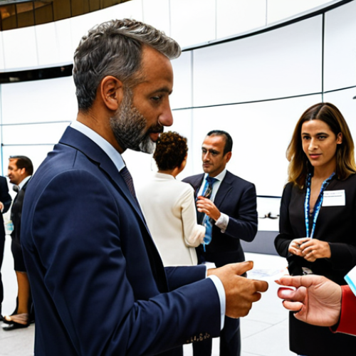 Home 15 **
A diverse group of professionals networking at an international trade conference in Madrid. The scene should convey a sense of opportunity and connection, with name tags visible and business cards being exchanged. Focus on modern business attire and a sophisticated venue.
**