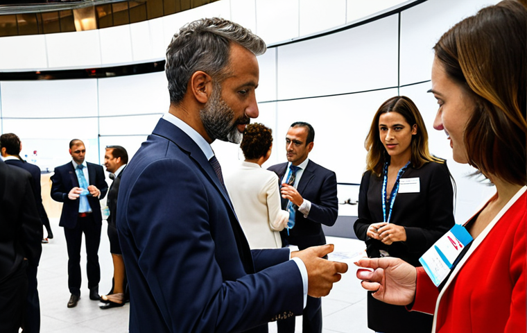 **

A diverse group of professionals networking at an international trade conference in Madrid. The scene should convey a sense of opportunity and connection, with name tags visible and business cards being exchanged. Focus on modern business attire and a sophisticated venue.

**