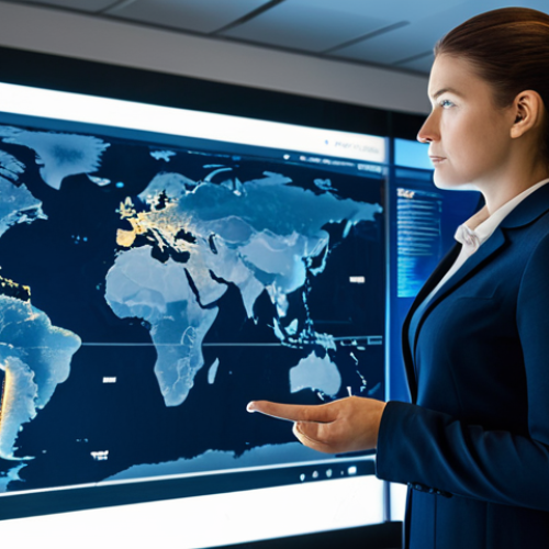 Home 14 A professional logistics manager, a woman in a modest business suit, stands confidently in a high-tech global operations center. She is viewing a large, interactive transparent screen displaying real-time supply chain data, global maps with active shipping routes, and predictive analytics dashboards. The room is modern and filled with soft, ambient lighting. Her posture is natural, expressing calm control, perfect anatomy, correct proportions, well-formed hands, proper finger count, natural body proportions. The image should convey efficiency and advanced technology, safe for work, appropriate content, fully clothed, professional, high-quality photograph.