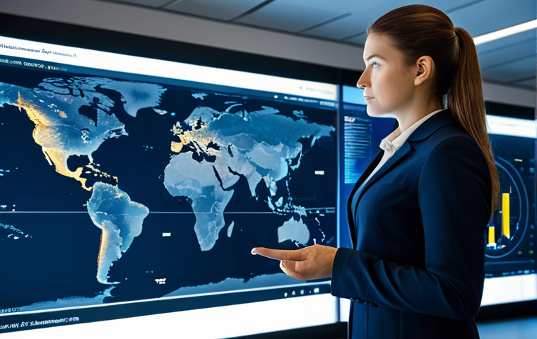 A professional logistics manager, a woman in a modest business suit, stands confidently in a high-tech global operations center. She is viewing a large, interactive transparent screen displaying real-time supply chain data, global maps with active shipping routes, and predictive analytics dashboards. The room is modern and filled with soft, ambient lighting. Her posture is natural, expressing calm control, perfect anatomy, correct proportions, well-formed hands, proper finger count, natural body proportions. The image should convey efficiency and advanced technology, safe for work, appropriate content, fully clothed, professional, high-quality photograph.