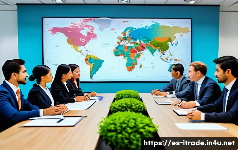 무역전문가로서성공하는법 - A modern international business meeting room with diverse professionals from Latin America and Asia ...
