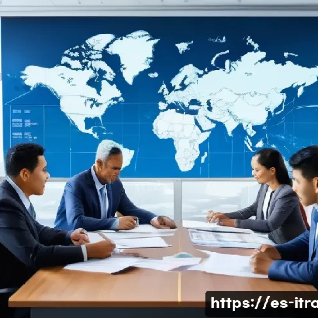국제무역실기시험 - A detailed professional office scene showing a diverse group of Hispanic businesspeople in formal at...