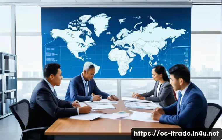 국제무역실기시험 - A detailed professional office scene showing a diverse group of Hispanic businesspeople in formal at...