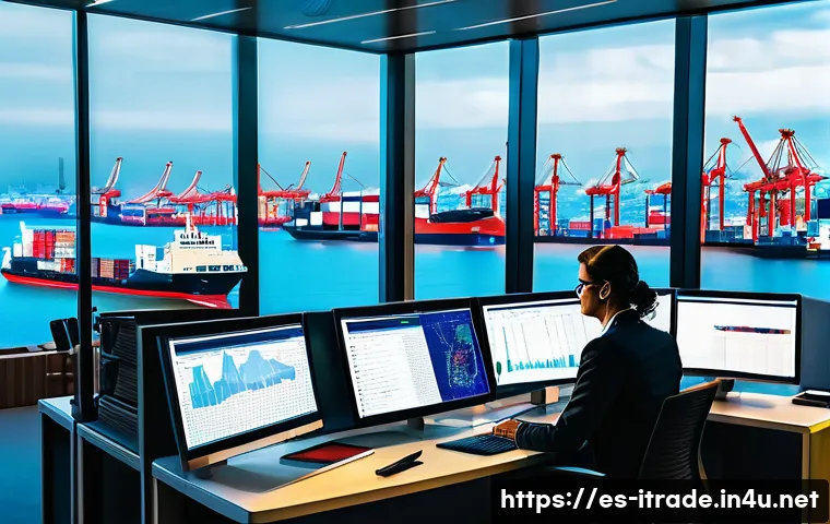 국제무역취업가이드 - A modern international trade office scene set in a vibrant Latin American city, featuring diverse pr...