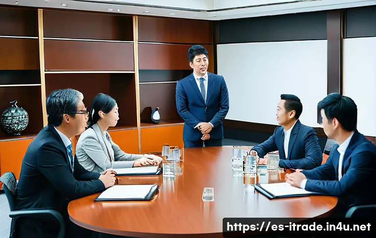 국제무역학습법 - A detailed scene of an international business meeting between Latin American and Japanese profession...