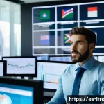 Home 22 무역전문가역량강화 - A professional international trade expert in a modern office setting, surrounded by multiple screens...