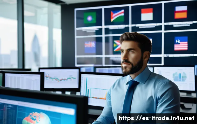무역전문가역량강화 - A professional international trade expert in a modern office setting, surrounded by multiple screens...
