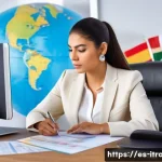 Home 21 무역업무경력평가 - A professional Hispanic businesswoman in a modern office setting, reviewing international trade cont...