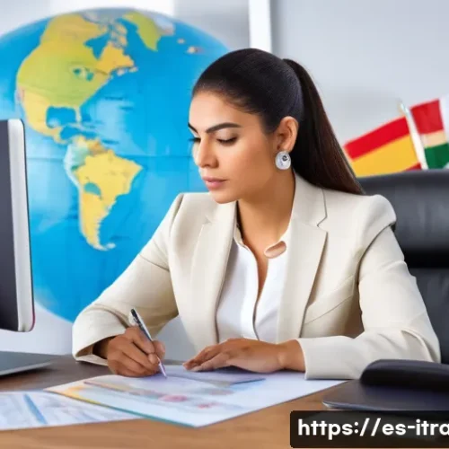Home 33 무역업무경력평가 - A professional Hispanic businesswoman in a modern office setting, reviewing international trade cont...