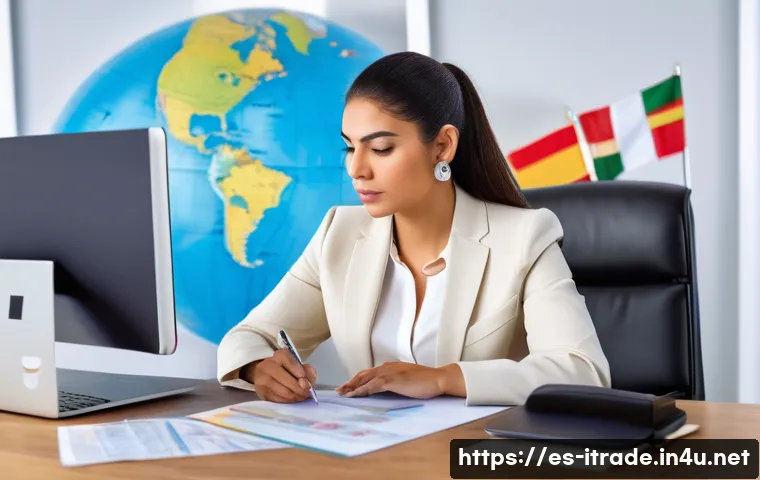 무역업무경력평가 - A professional Hispanic businesswoman in a modern office setting, reviewing international trade cont...