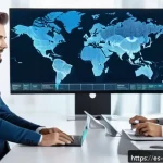Home 18 무역업계취업전략 - A modern international trade office scene showcasing a diverse team of professionals using digital t...