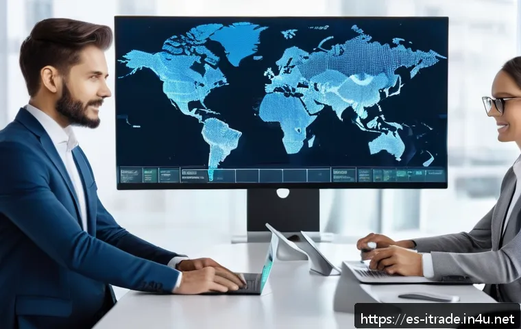 무역업계취업전략 - A modern international trade office scene showcasing a diverse team of professionals using digital t...