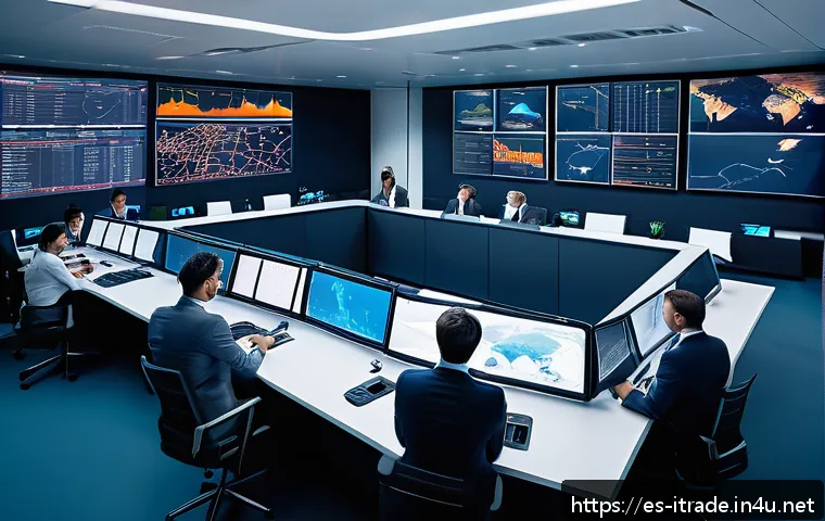 무역사고대응방법 - A modern international logistics control room featuring diverse professionals monitoring multiple la...