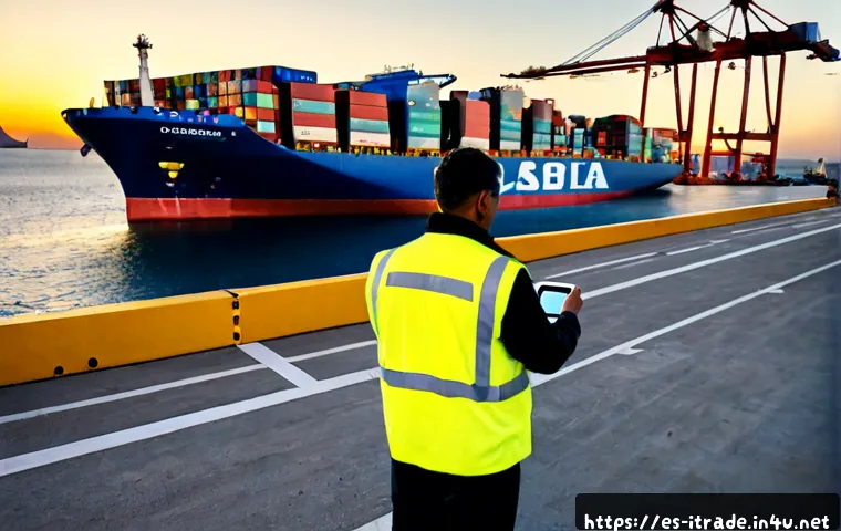 무역업계동향 - Photorealistic wide view of a busy Mediterranean container port in Spain at sunrise, cargo cranes li...